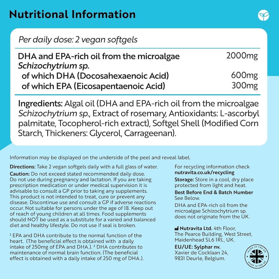 image 1 of Nutravita Vegan High Strength Omega 3 2000mg Soft Gels - Plant-Based 600mg DHA & 300mg EPA Derived from Sustainable Algal Oil - 60 Vegan Softgels