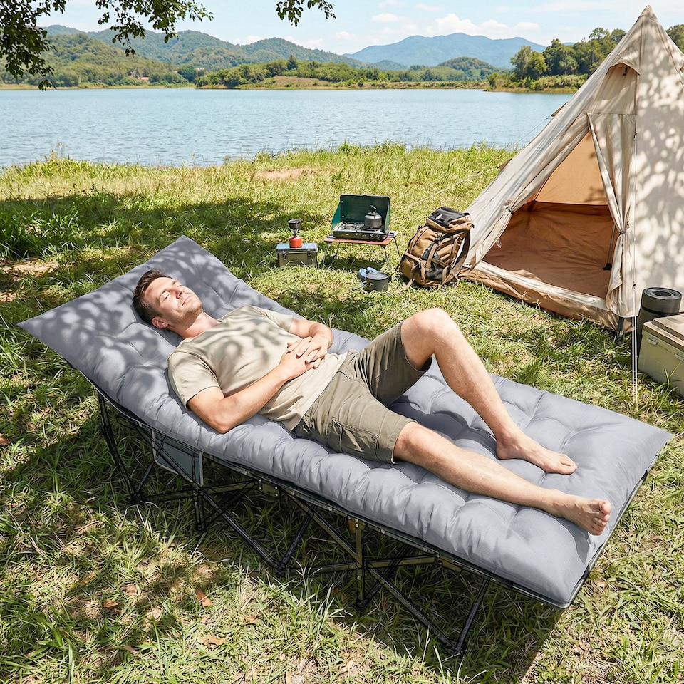 image 1 of Outsunny Sleeping Mat, Foldable Camping Pad with Elastic Straps Light Grey | Grey | Light Grey | 200 x 80 x 8 cm