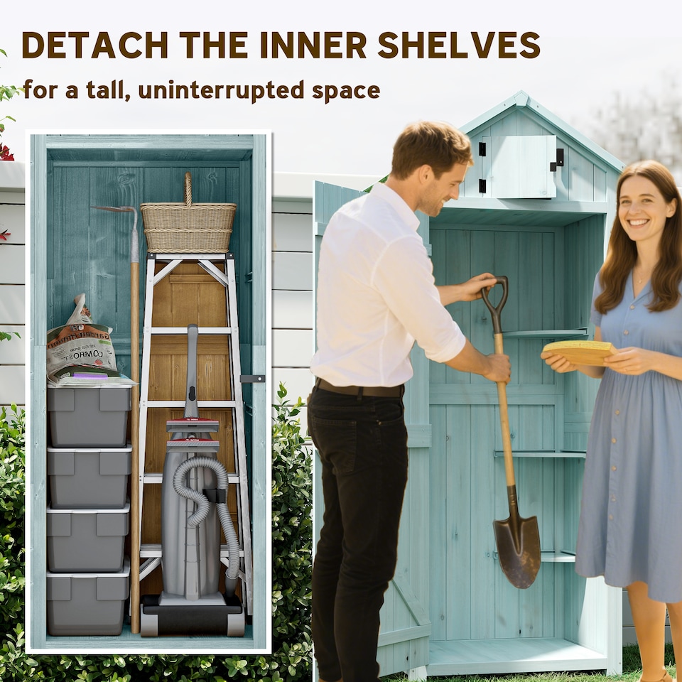 image 1 of Outsunny Garden Shed Vertical Utility 3 Shelves Shed Wood Outdoor Garden Tool Storage Unit Storage Cabinet, 77 x 54.2 x 179cm  Blue