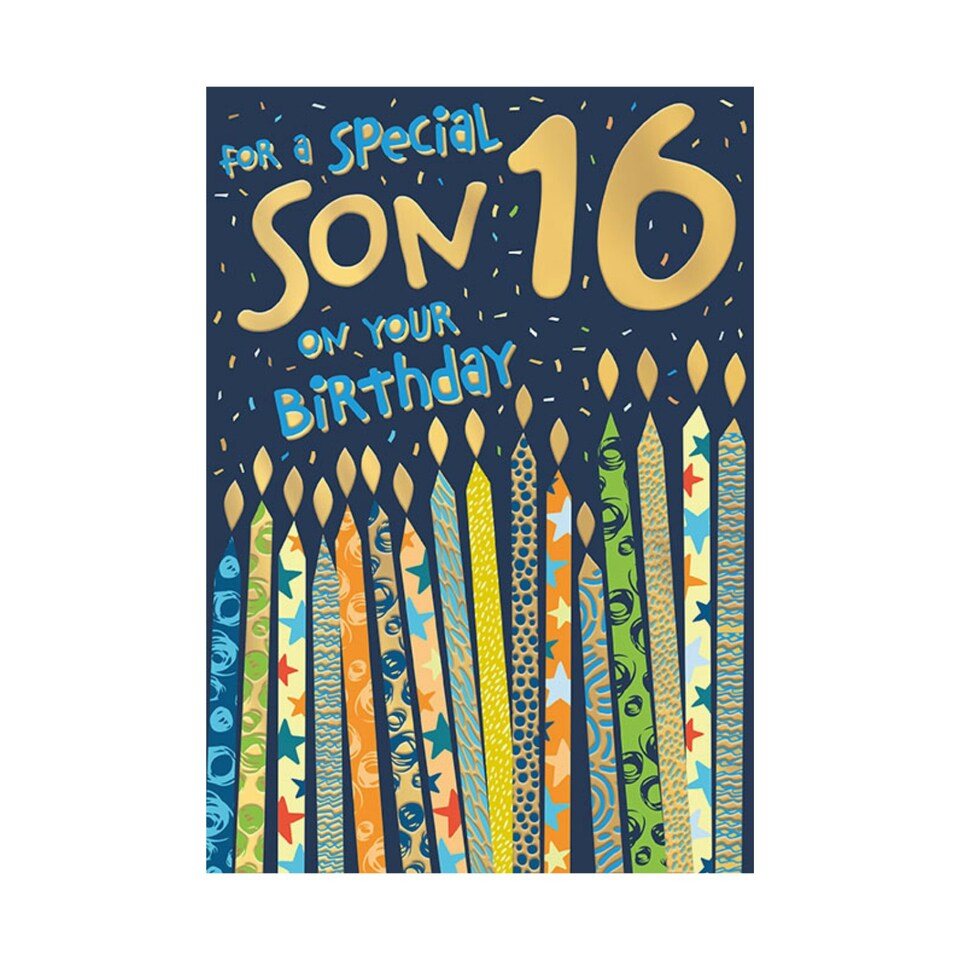 image 1 of Words 'n' Wishes 16th Birthday Card for Son, Foiled Caption & Patterned & Foiled Candles, Multicoloured, 23.5 x 16.5 cms