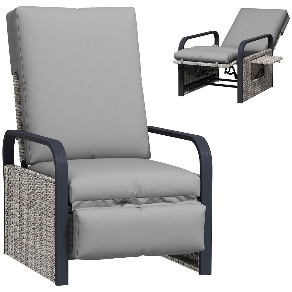 image 1 of Outsunny Rattan Garden Recliner Chair Sun Lounger w/ Side Tray Grey