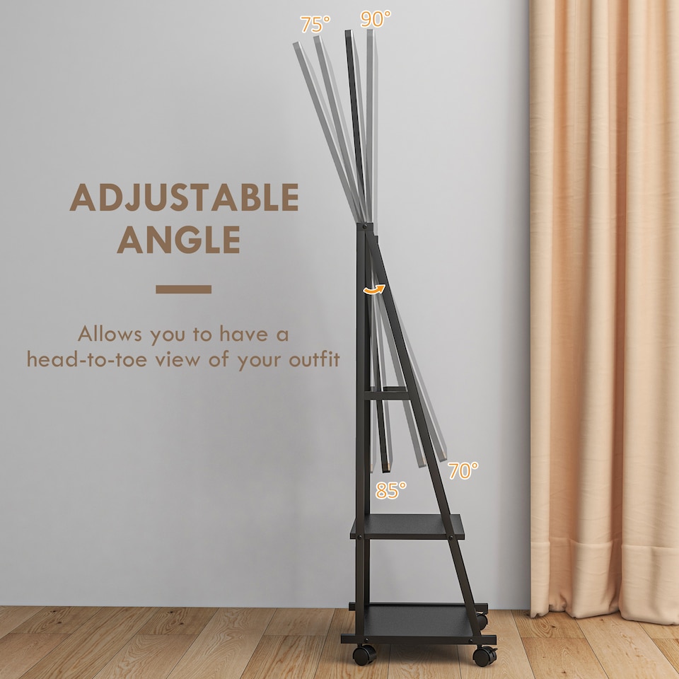 image 1 of HOMCOM Free Standing Full Length Mirror, Rolling Full Body Mirror with Adjustable Angle, 2 Storage Shelves and 4 Wheels for Bedroom, Living Room, Hallway, Black