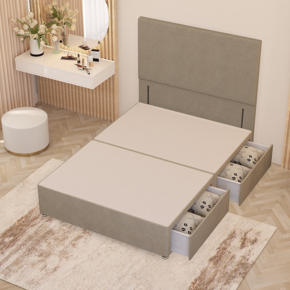 image 1 of Divan Bed Base with 4 Drawers & Plain Floor Standing Headboard Tweed Fabric | Brown | Natural