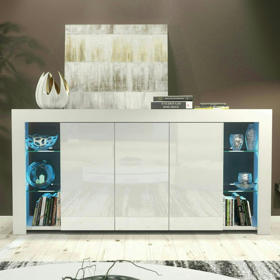 image 1 of White Sideboard 164cm Gloss Doors Free LED Modern Storage Unit | White