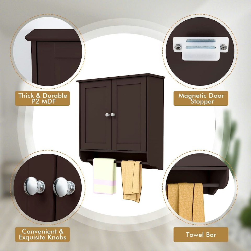 image 1 of COSTWAY Wall Mounted Bathroom Cabinet Medicine Storage Brown | Brown | 1