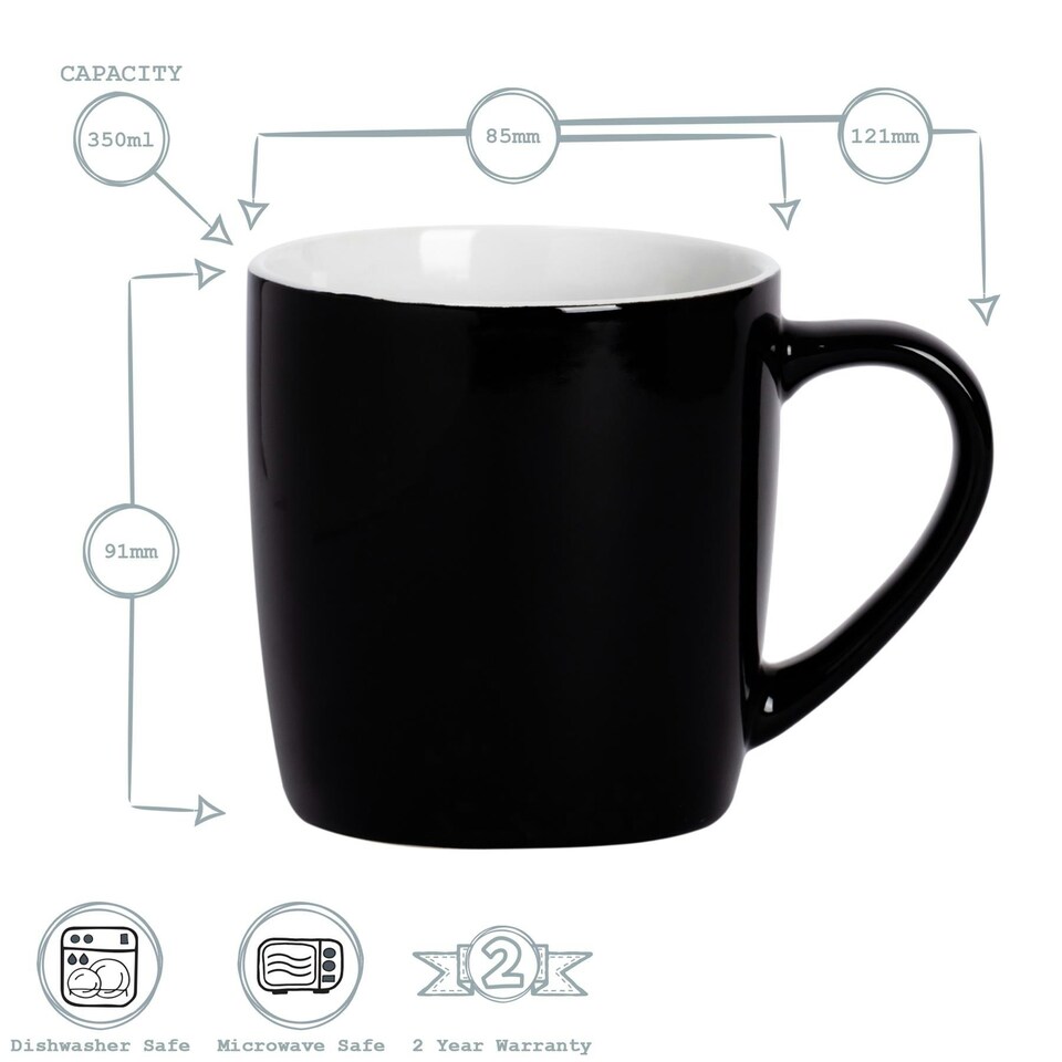 image 1 of Argon Tableware 6x Coloured Coffee Mugs - Black - 350ml - Tea Mug Latte Mug Cappuccino Mug Drinking Mug Black