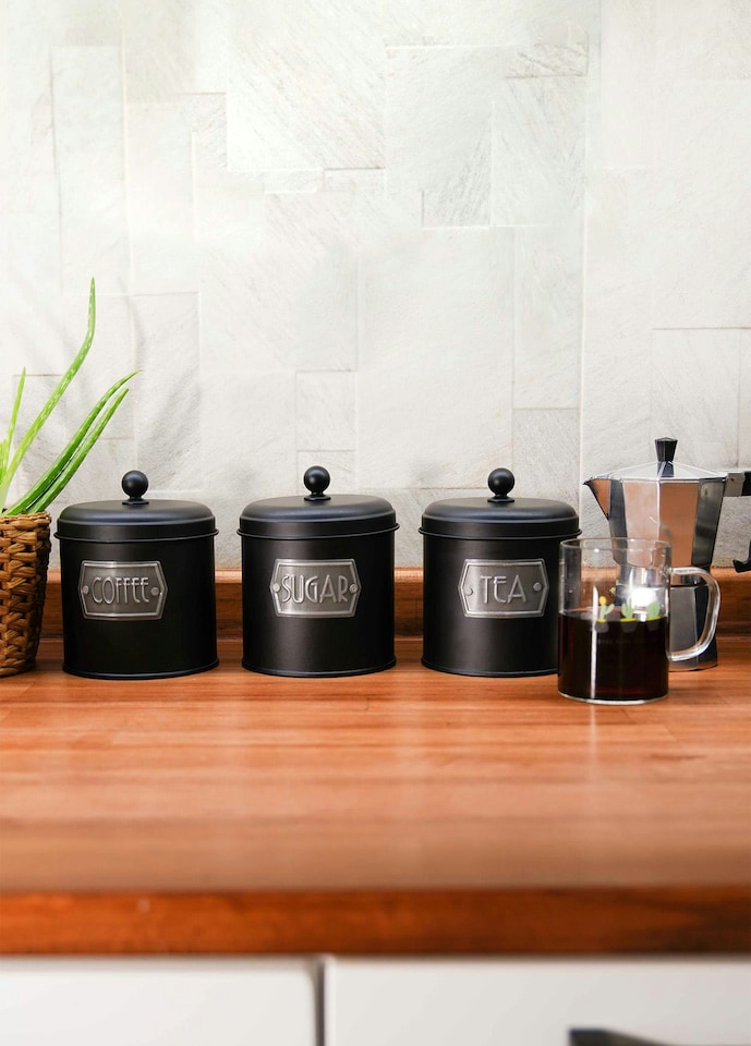image 1 of Black Coffee, Tea, And Sugar Canister Set - 17 cm (H) x 13 cm (Dia)