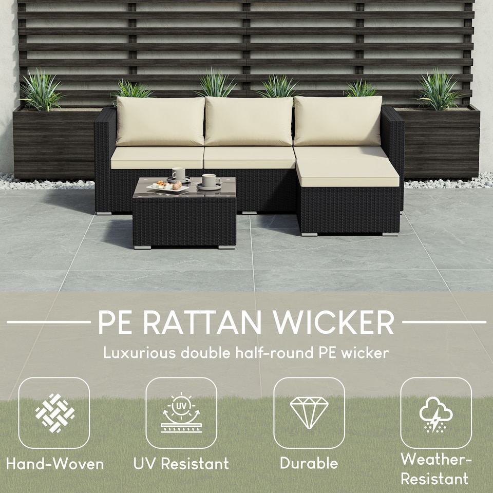 image 1 of Garden Vida Hampton 4 Seater Corner Rattan Set Sofa Coffee Table Outdoor Garden Furniture, Black