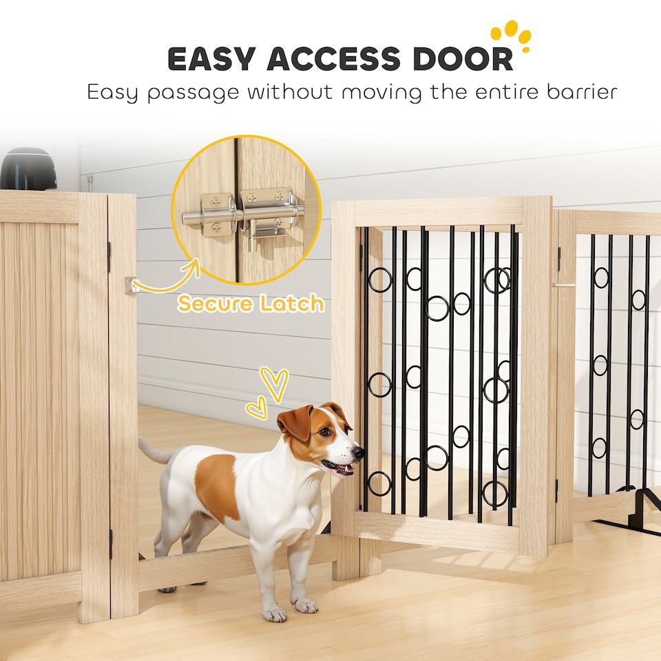 image 1 of PawHut Freestanding Pet Gate, Foldable Dog Gate with Lockable Door, Support Feet and 360 degree Flexible Hinges, 4 Panel Indoor Safety Dog Barrier for House, Stairs, Doorway, Oak