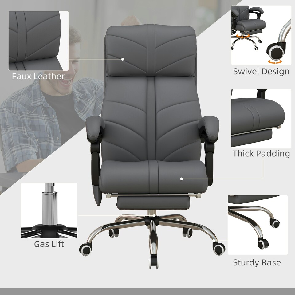 image 1 of Vinsetto PU Leather Vibration Massage Office Chair with Heat, Footrest, Grey