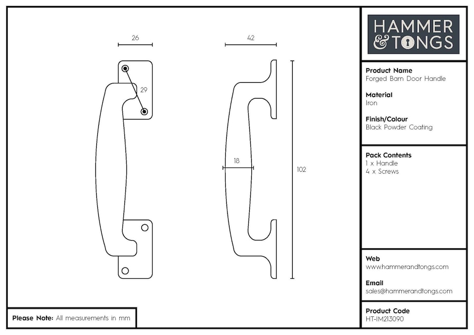 image 1 of Hammer & Tongs Forged Barn Door Handle - H100mm - Black | Black | Black