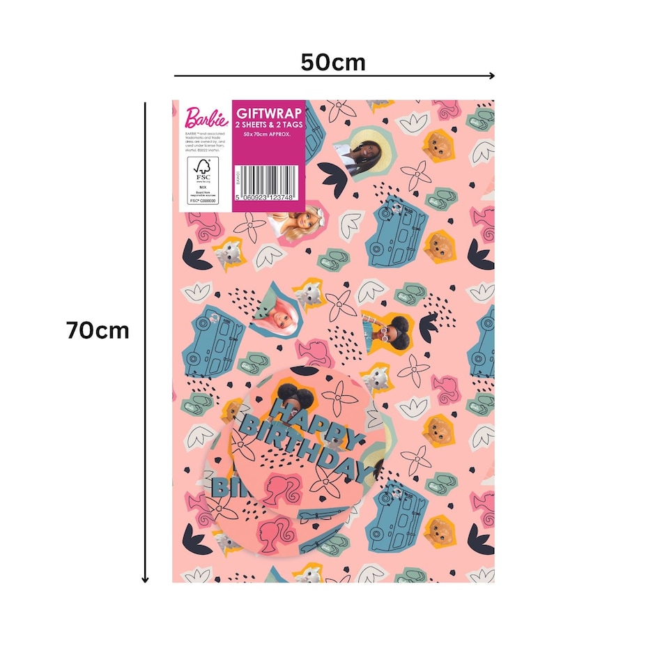 image 1 of Barbie 2 Sheets & 2 Tags Gift Wrap