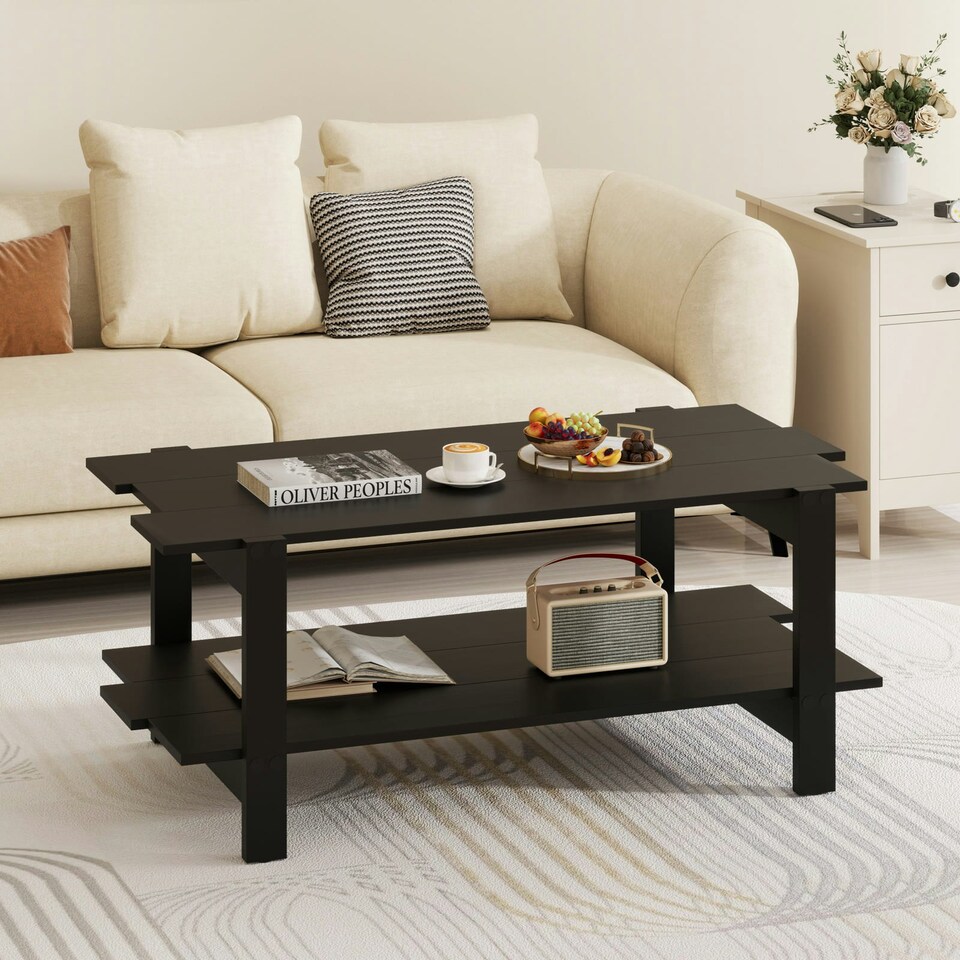 image 1 of COSTWAY 2-Tier Coffee Table Slatted Wood Center Table Black Black