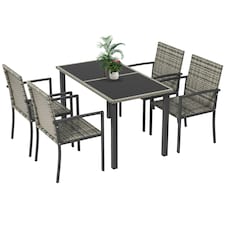Outsunny 4 Seater Rattan Dining Set with Cushions, 5 Pieces Garden Dining Set with Glass Tabletop, PE Rattan Garden Furniture Set with Dining Table and Armchairs for Patio, Balcony, Mixed Grey