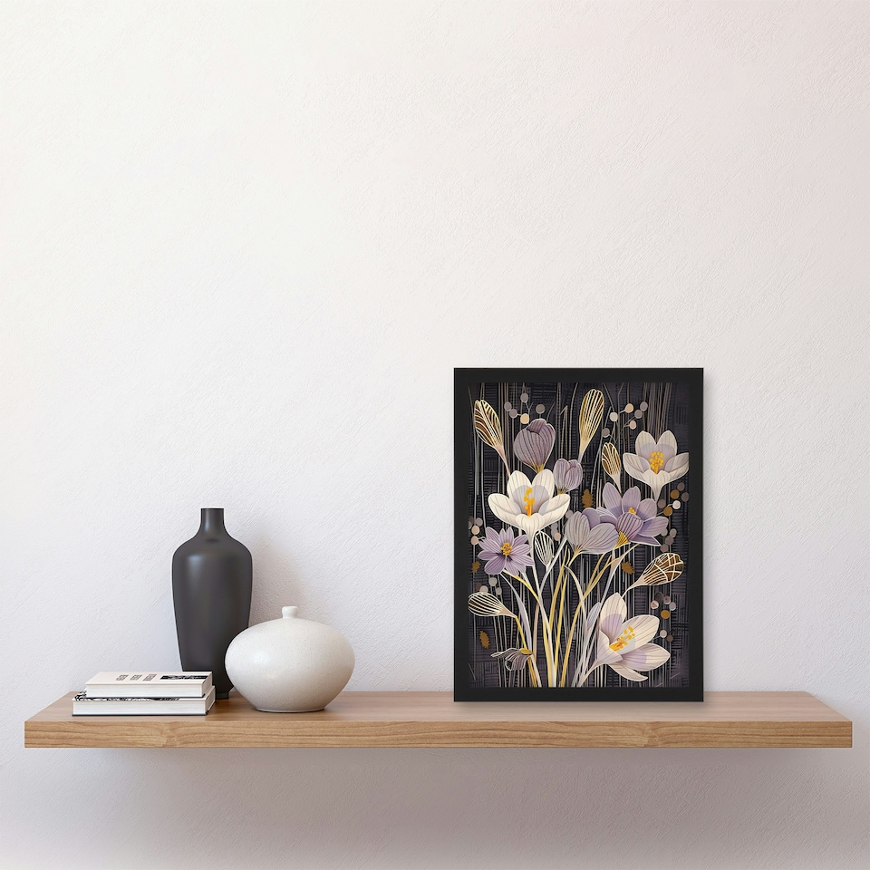image 1 of Purple Crocus Flowers Bloom Floral Living Room Black Framed Wall Art Print A4