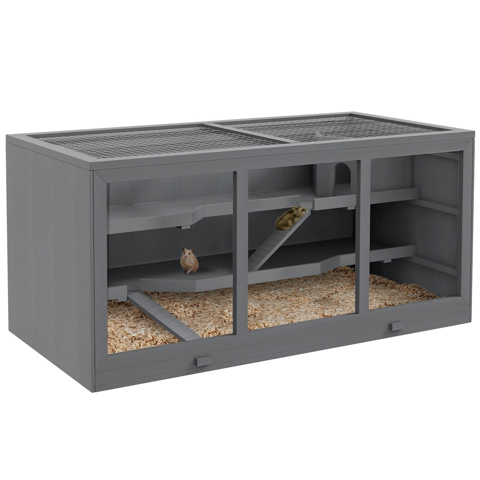 image 1 of PawHut Wooden Hamster Cage, Exercise Play House Pen with Tray, Openable Top