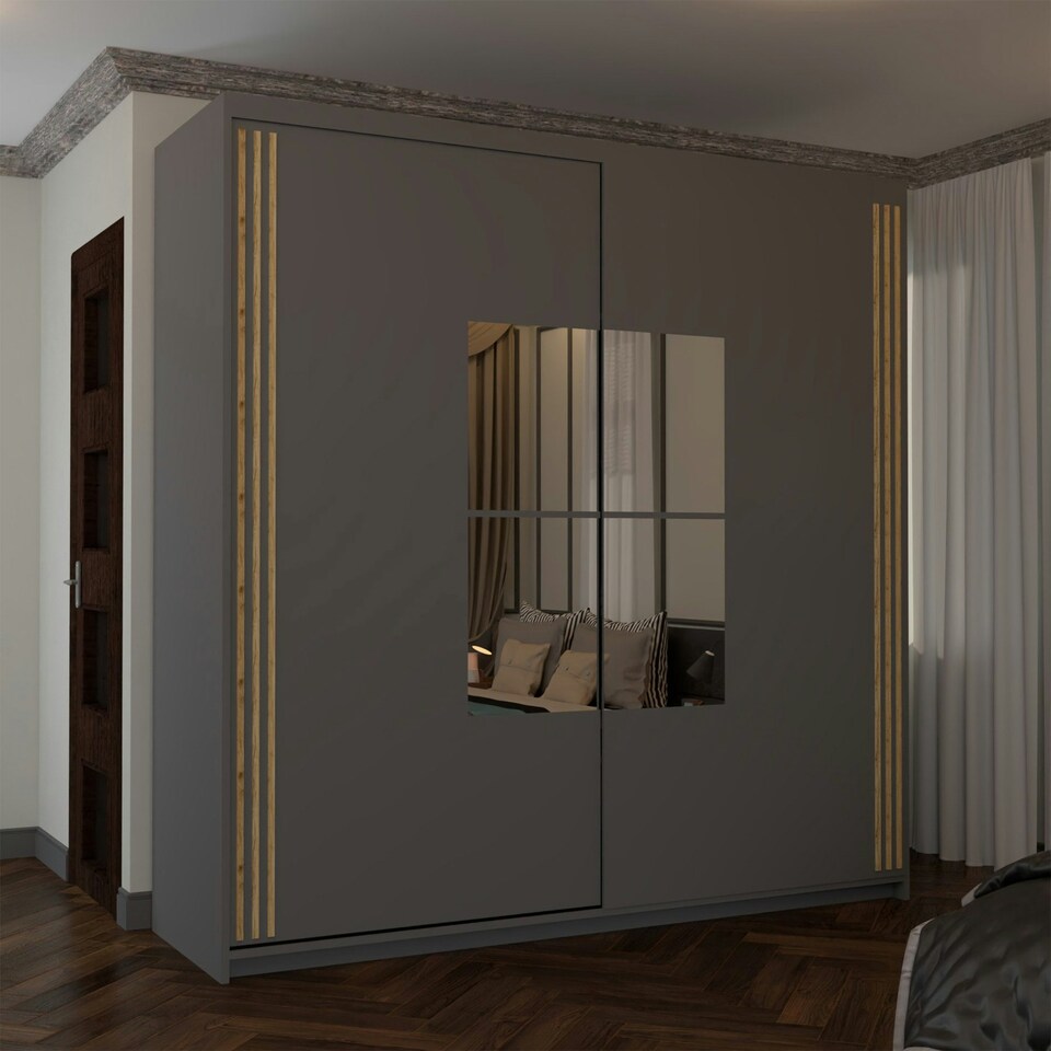 image 1 of Modern 150cm Sliding Wardrobe with Paneled Mirror Doors & Votan Strip | Adjustable Interior | White, Black, Grey, Oak Grey | Grey150cm