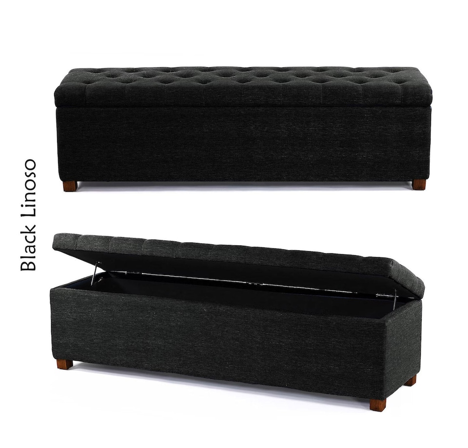 Linoso Chesterfield Black Ottoman Storage Box with Square Wooden Legs - Upholstered Blanket Box (150W x 40D x 45H cm)