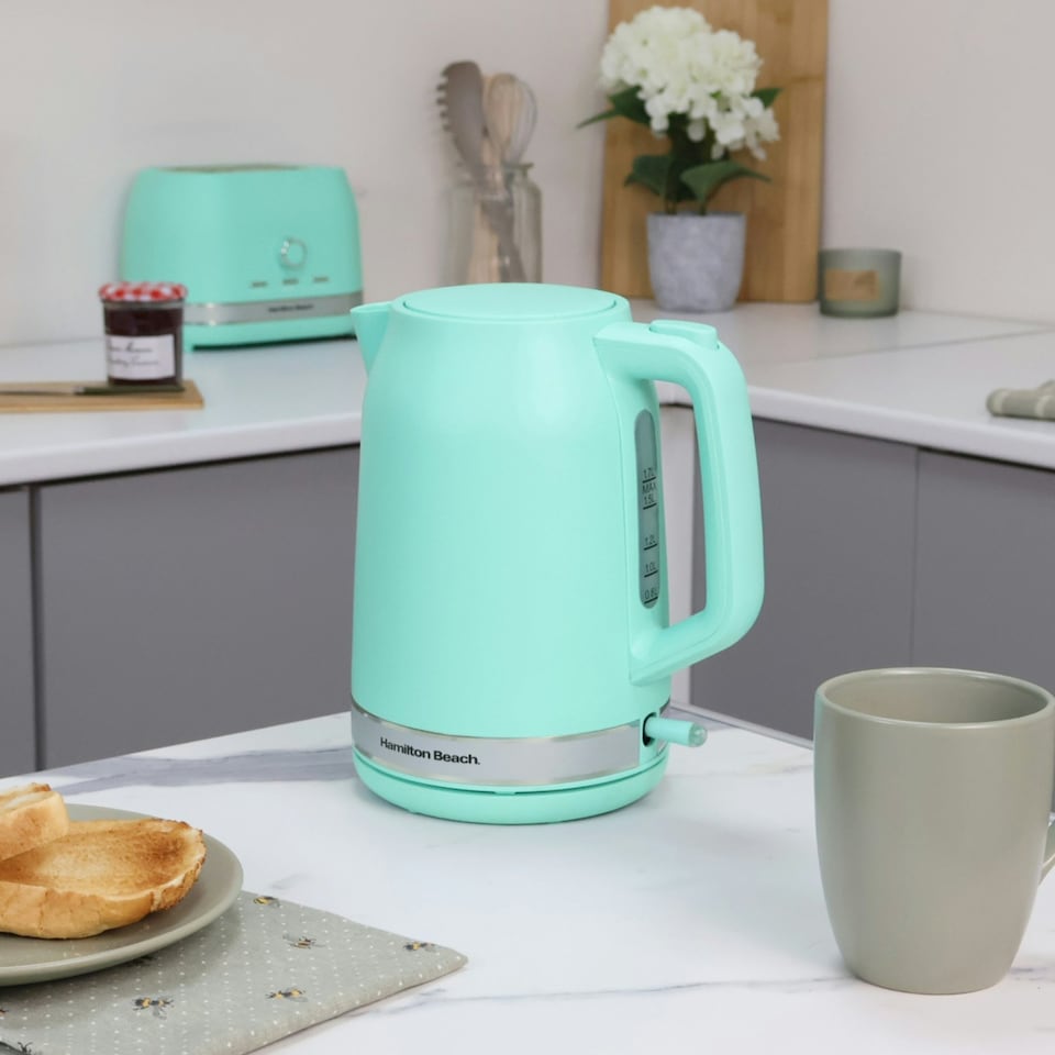 image 1 of Hamilton Beach Kettle, Toaster & Microwave Set, Ella, 1.7L Electric Kettle, Wide Slot Toaster 2 Slice, Microwave, 20L Retro, Kettle & Toaster Set, Mint