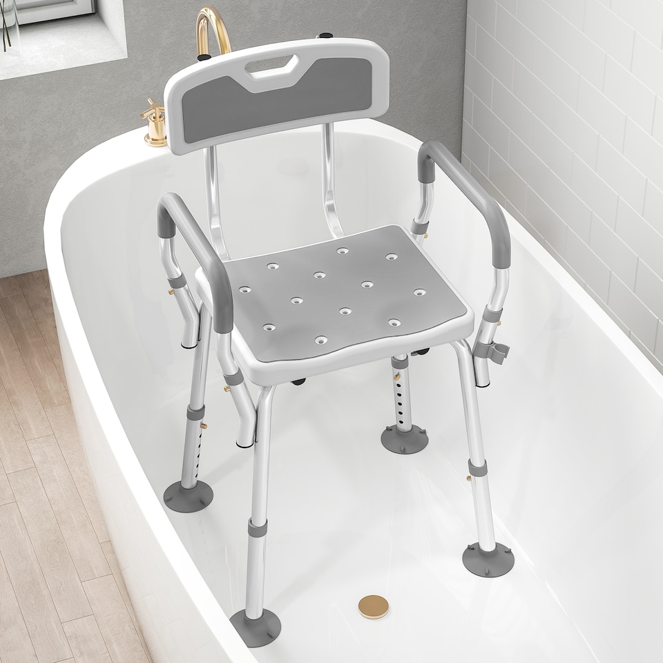 image 1 of HOMCOM Padded Shower Stool with Arms and Back, 4 Suction Foot Pads, Grey | Grey