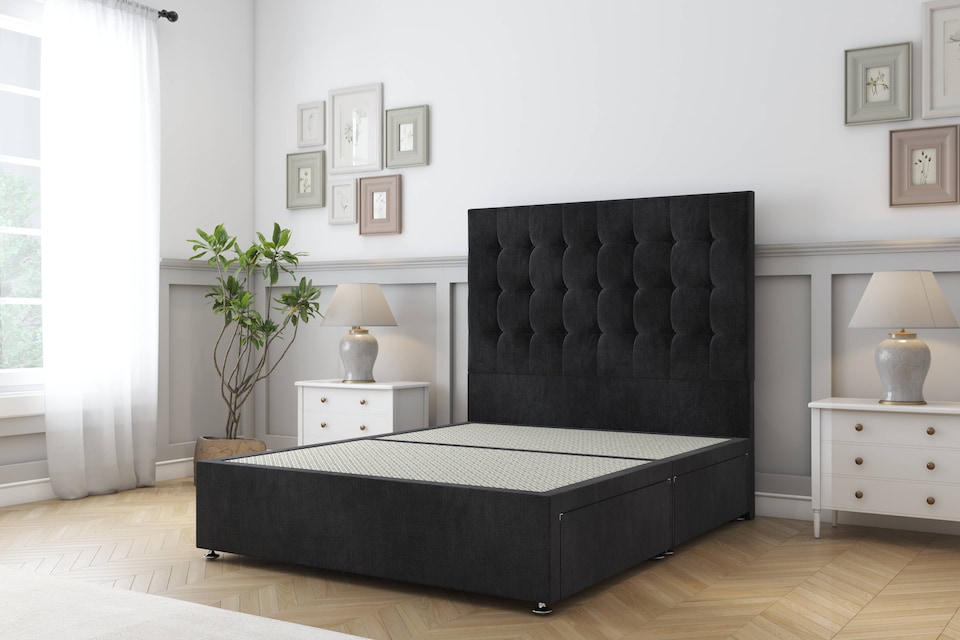 image 1 of Sloomy Alabama Black Naples Divan Bed Base 2 Drawers Same Side With 26 Inch Strutted Headboard | Black | Black | King | 1