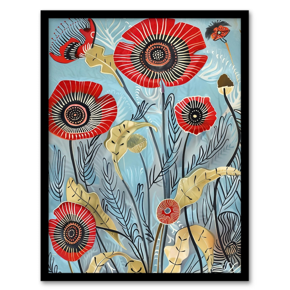 image 1 of Poppy Flowers Modern Folk Art Quirky Living Room Black Framed Wall Art Print A4