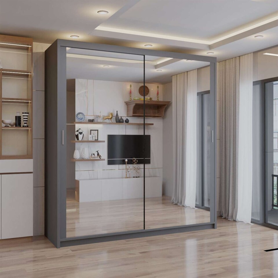 image 1 of Sliding wardrobes 4U Modern Full Mirror Sliding Door Wardrobe Multi Size (90-203cm) & Color Options | Grey | 180cm | 180cm