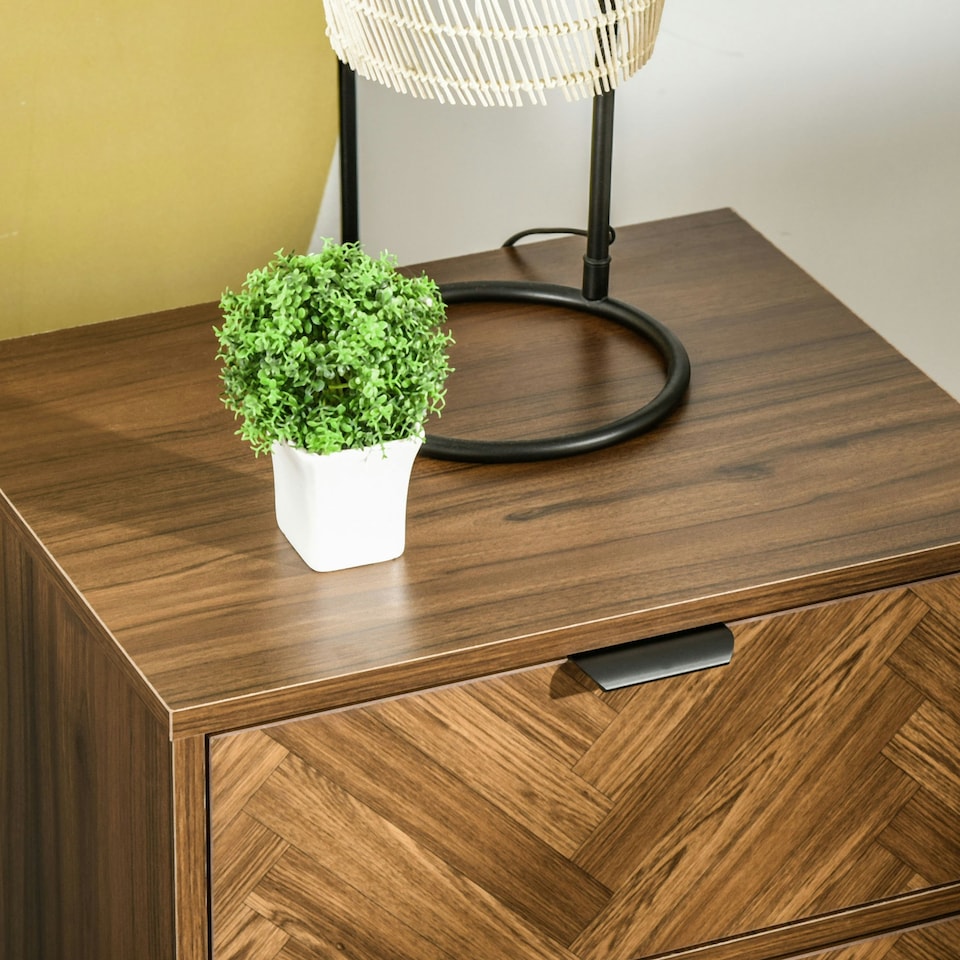 image 1 of HOMCOM Two-Drawer Herringbone Bedside Table Home Cabinet Bedroom Storage Brown