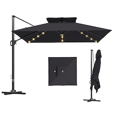 Outsunny 3.5x3 m Garden Cantilever Parasol with Solar LED Lights and Centre Light, UPF50 Aluminium Patio Umbrella, Hanging Sun Shade with Cross Base, Crank Handle | Black | Black