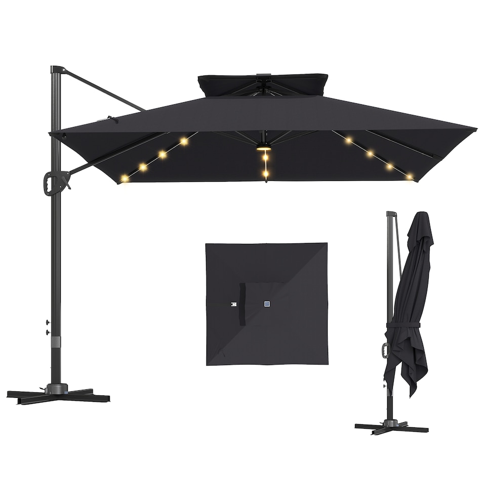 image 1 of Outsunny 3.5x3 m Garden Cantilever Parasol with Solar LED Lights and Centre Light, UPF50 Aluminium Patio Umbrella, Hanging Sun Shade with Cross Base, Crank Handle | Black | Black