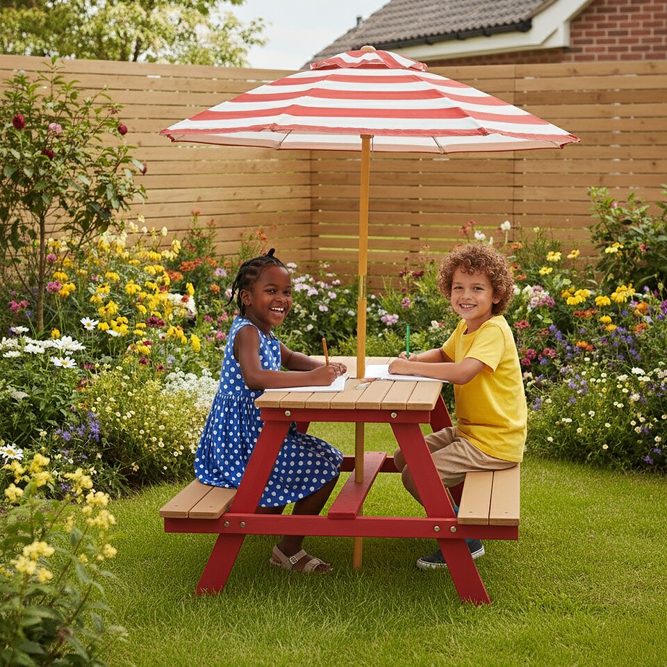 image 1 of Teamson Kids Children's Wooden Picnic Table with Umbrella for Outdoor Garden Play, Red