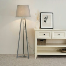 ValueLights Lottie Grey Wood Tripod Floor Lamp with Grey Fabric Tapered Shade and LED Bulb