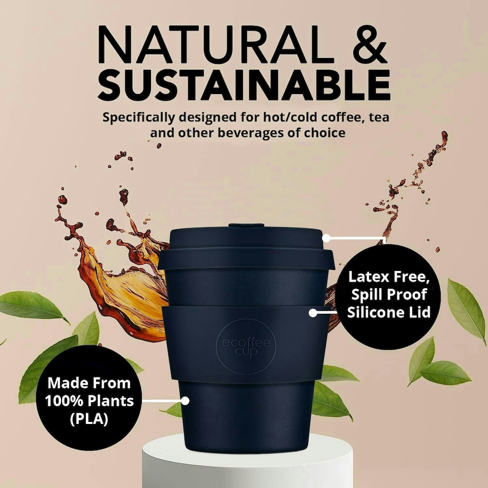 image 1 of Ecoffee Cup 8oz 240ml Reusable Eco-Friendly 100% Plant Based Coffee Cup with Silicone Lid & Sleeve - Melamine Free Travel Mug N/A | Dark Energy