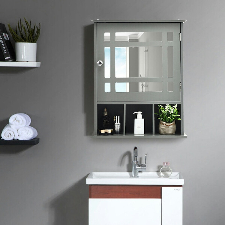image 1 of COSTWAY Bathroom Wall Storage Cabinet Medicine Organizer Grey | Grey | 1