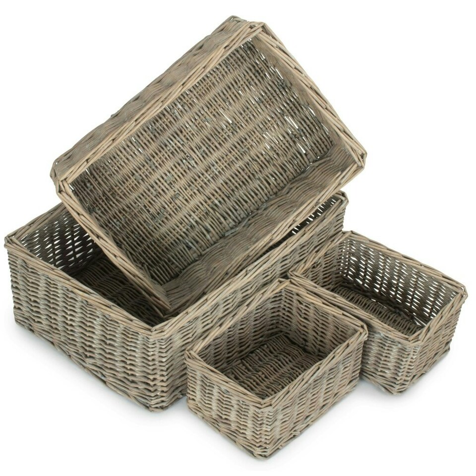 image 1 of Set of 4 Wicker Grey Wash Storage Tray Brown