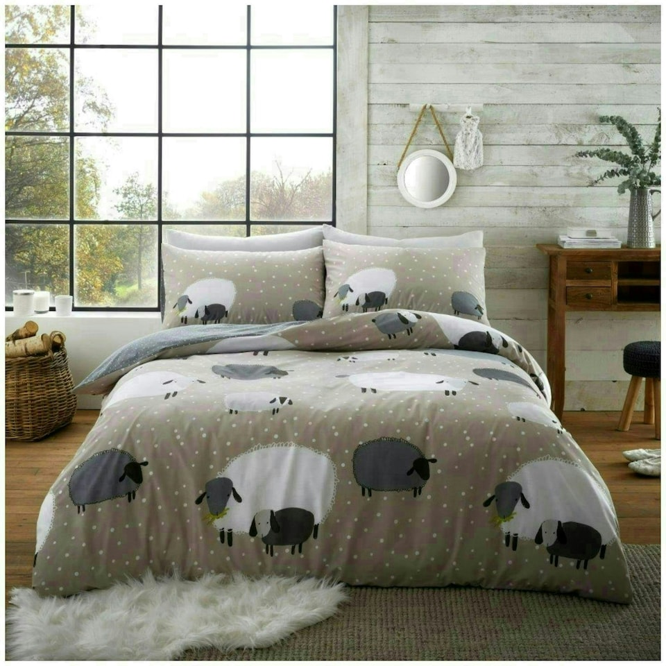 image 1 of VELVETIO Sheep Duvet Cover Set Reversible Polycotton Easy Care Beddings Brown | Natural | Single