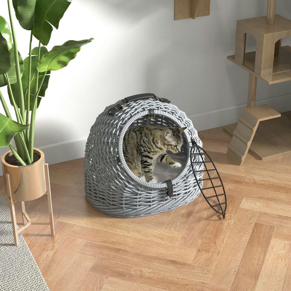 image 1 of Wicker Cat Basket W/ Mat Handle Kitten Pussy Enclosed Bed Portable - Grey