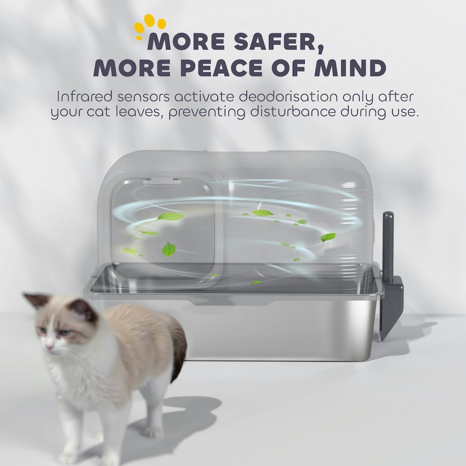 image 1 of PawHut 65L XL Stainless Steel Litter Tray with Plasma Deodoriser System Grey | One Size