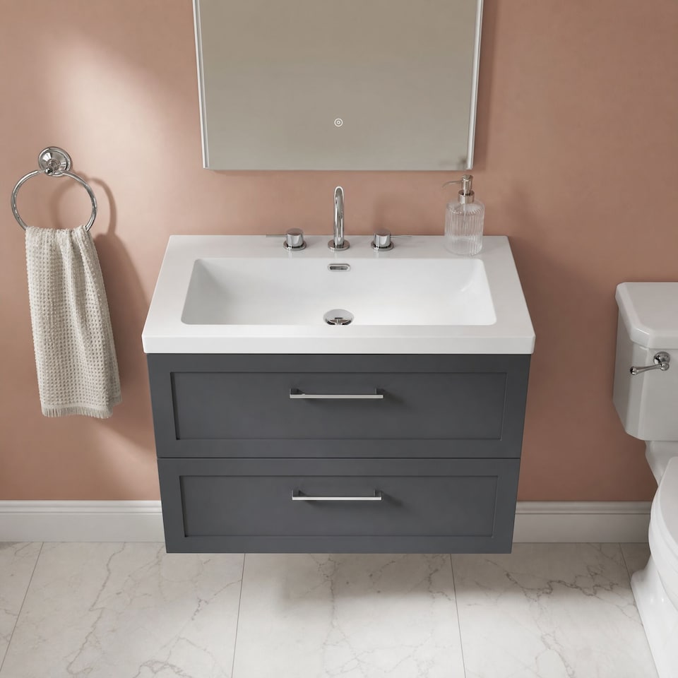 image 1 of Balterley Stonnall Traditional Wall Hung 2 Drawers Vanity Unit with 3 Tap Hole Fireclay Basin, 800mm, Dark Grey
