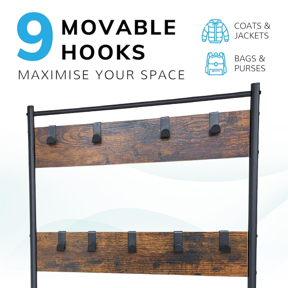 image 1 of House of Home Coat Rack Stand with Shoe Storage Bench 9 Hooks Rustic Brown Entrance Hall | Brown | Rustic Brown