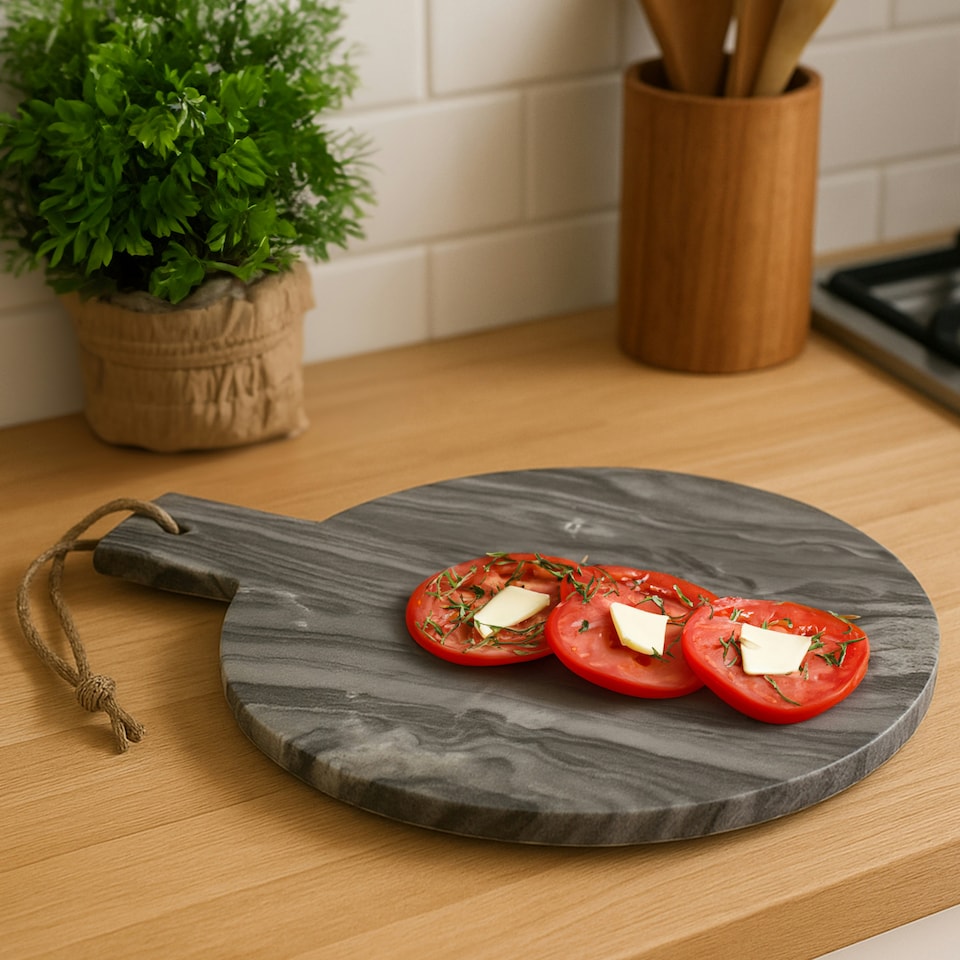 image 1 of Interiors By Premier Grey Marble Round Paddle Serving Board, Durable Natural Stone Board For Kitchen Use