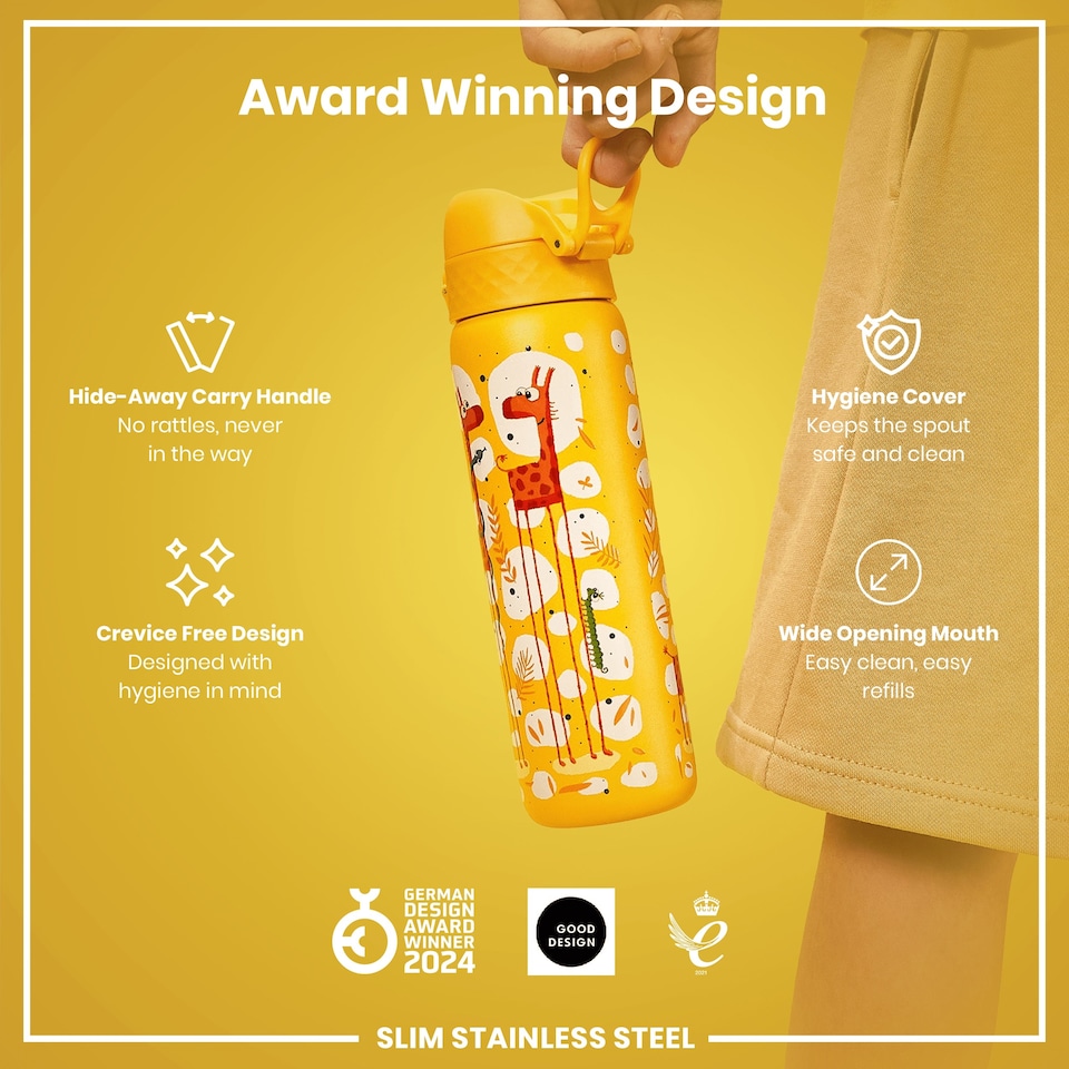 image 1 of Leak Proof Slim Water Bottle, Stainless Steel, 600ml (20oz) | Yellow | Giraffes | One Size