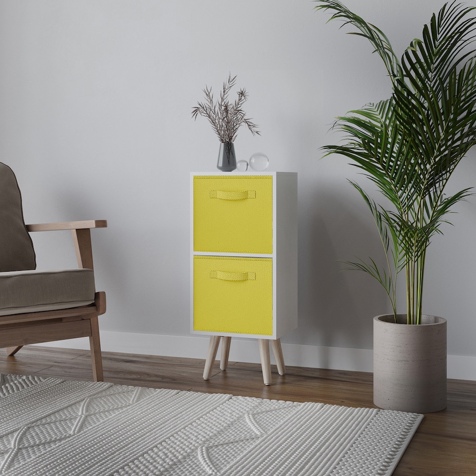 image 1 of White 2-Tier 2-Drawer Cube Shelving Unit with Scandinavian Legs | Yellow | Yellow & Pine | 1