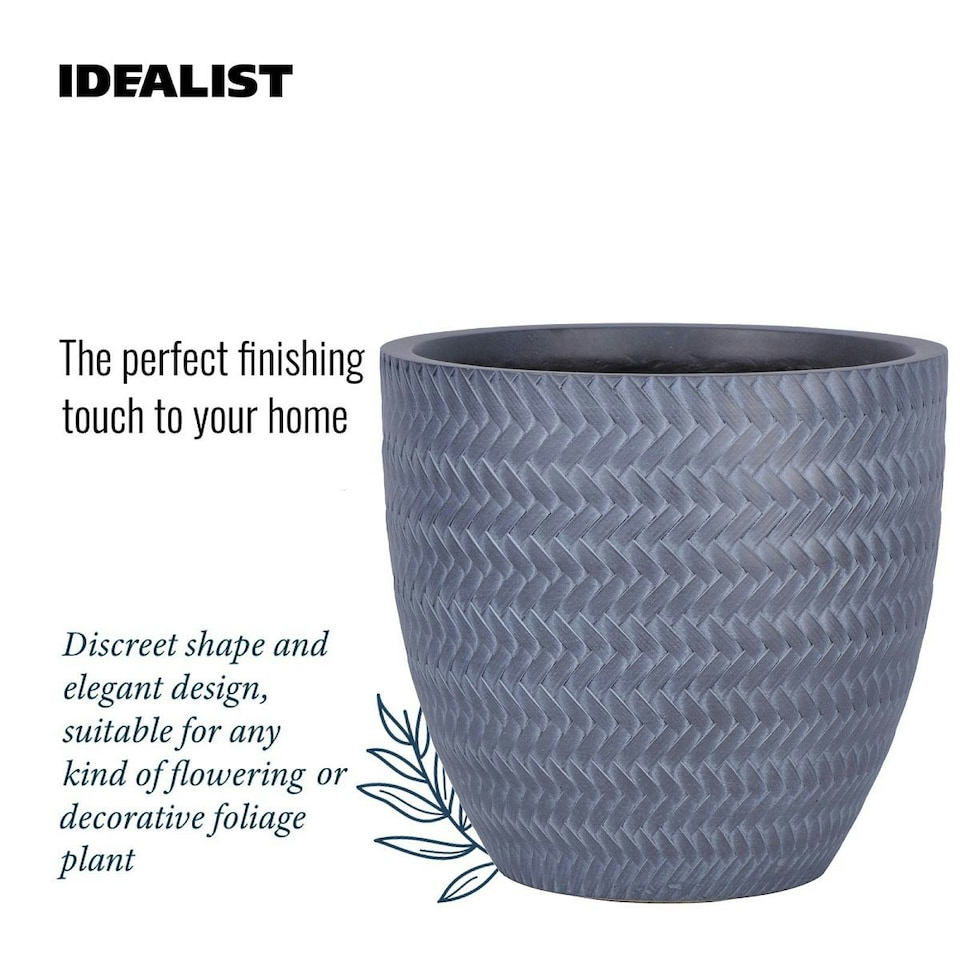 image 1 of Plaited Style Grey Round Garden Planter, Outdoor Plant Pot D24 H23 cm, 10.4 ltrs Cap.