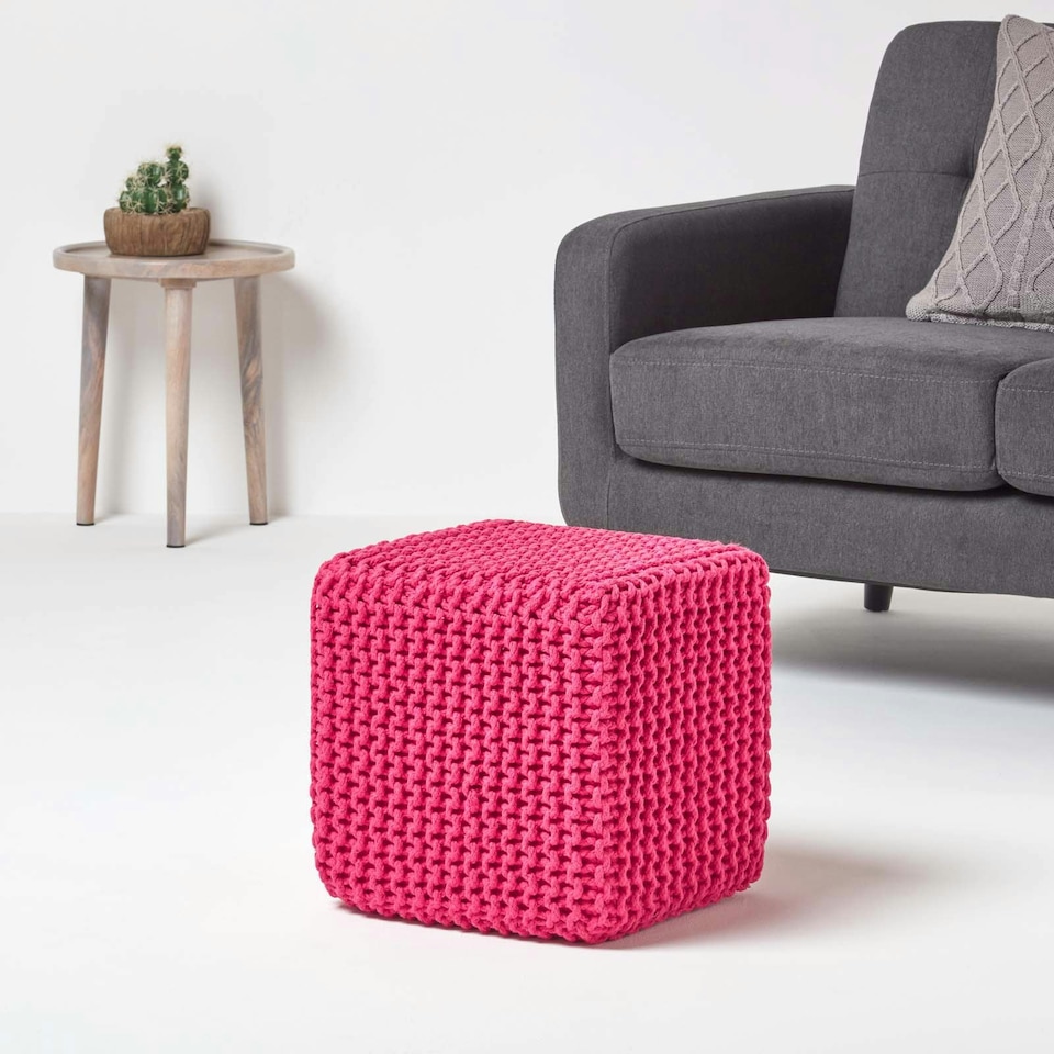 image 1 of Homescapes Hot Pink Cube Cotton Knitted Pouffe Footstool