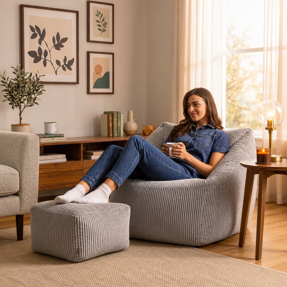 image 1 of Natalia Large Beanbag and Pouffe Set Corduroy Light Grey | Grey | Grey | XL | 2
