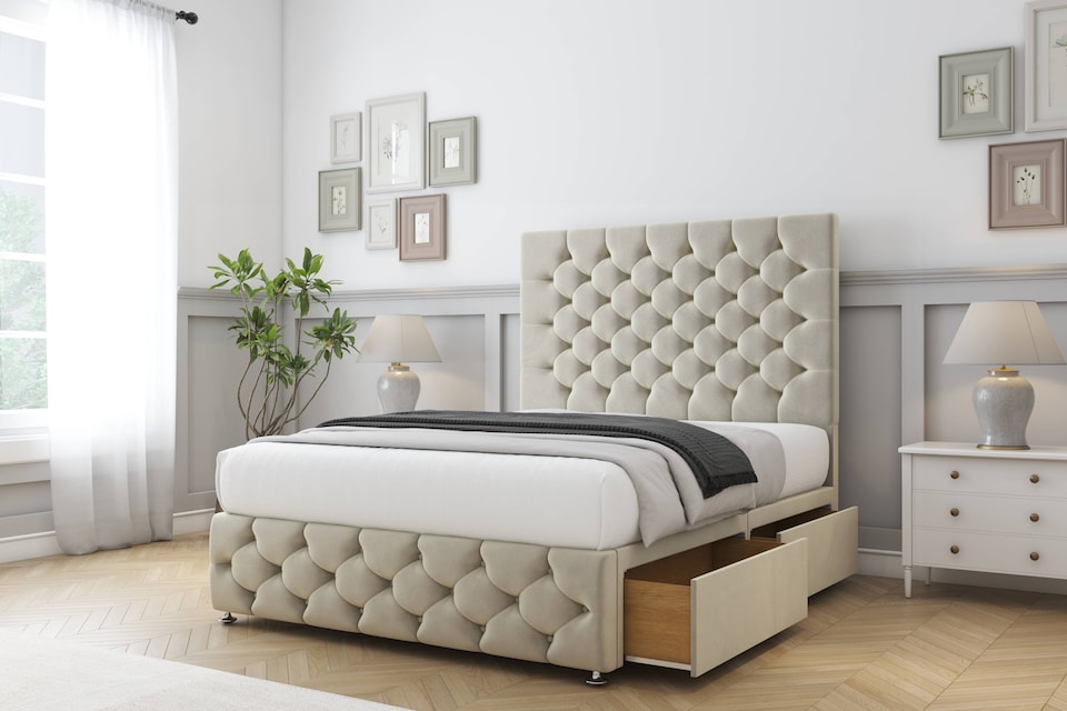 image 1 of Sloomy Watson Cream Plush Divan Bed With Mattress No Drawers With 26" Strutted Headboard & 12" Matching Footboard 6' Super King | Cream | Cream | Super King | 1