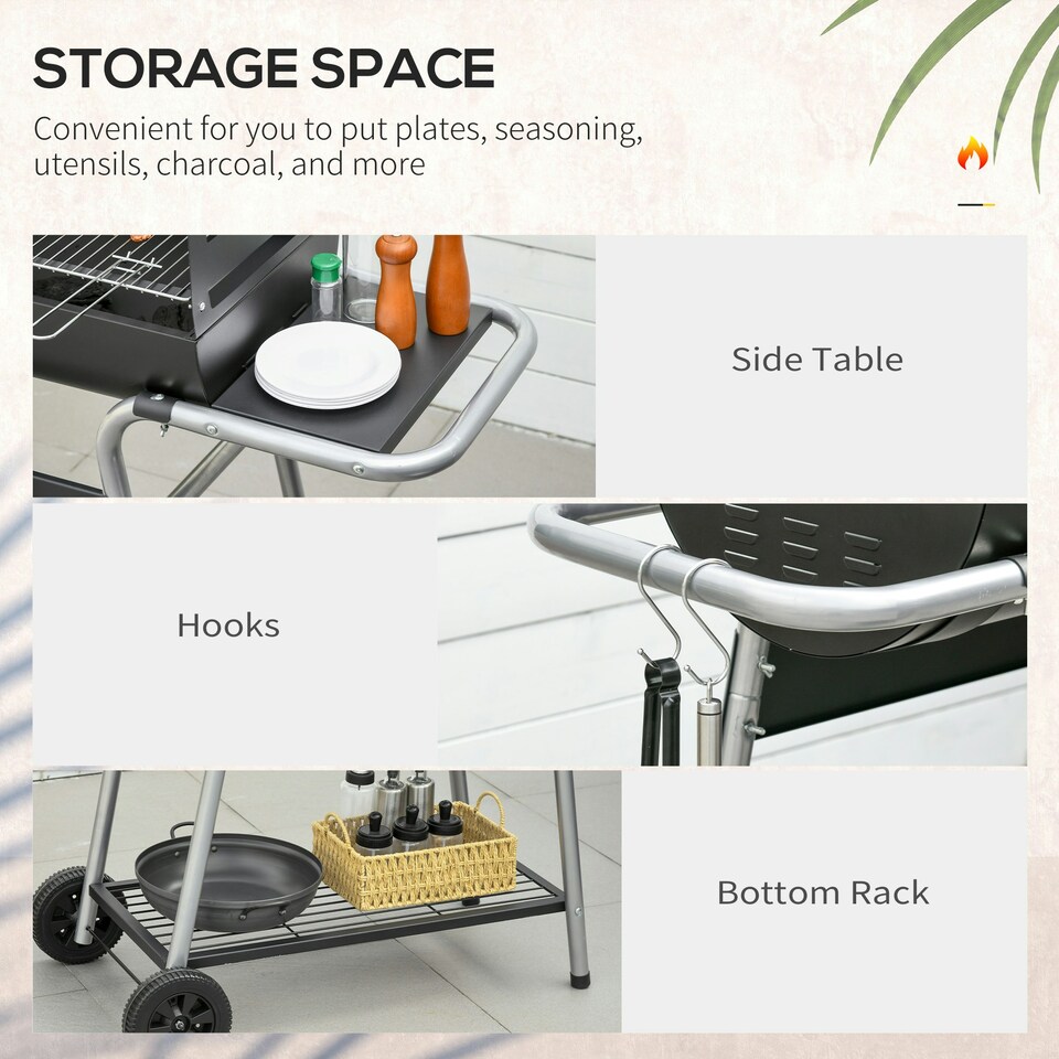 image 1 of Outsunny Charcoal BBQ Grill with Double Grill, Table, Storage Shelf and Wheels