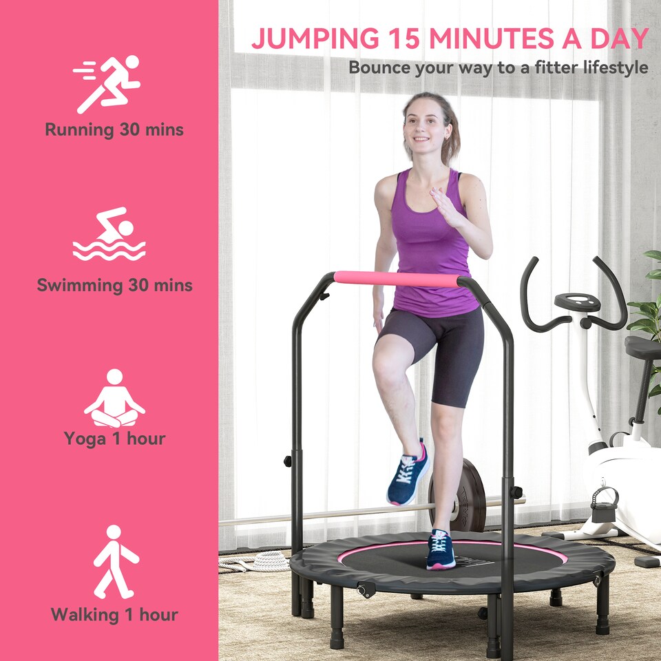 image 1 of HOMCOM 45" Foldable Mini Trampoline Fitness Trampoline Rebounder for Adults with Adjustable Foam Handle, for Indoors, Outdoors, Cardio Training, Pink | Pink