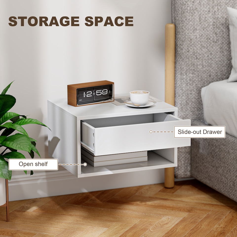 image 1 of HOMCOM Floating Nightstands Set of 2, Bedside Table w/ Drawer and Open Shelf | White